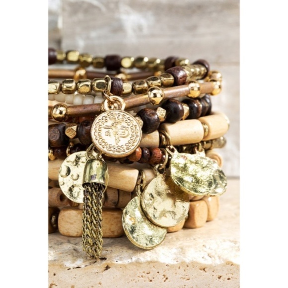 Jewelry - SOLD OUT Boho Brown Wood Gold Bead Charm Stackable Multi Layer Stretch Bracelet